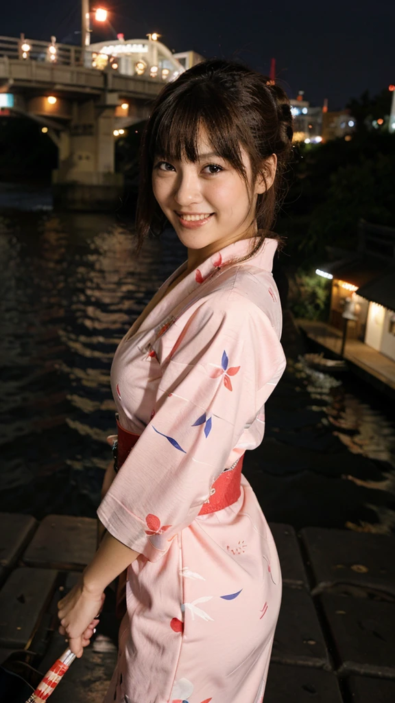 osaka city reference, city street with a river and a bridge at night and cruiser ship at middle of river, japanese city at night, japanese neon signs, japan at night, japanese city, glowing light, Bird eye view: A woman looking at the river、big breasts 、cleavage 、yukata、young woman、Japanese、cute、Laughing with mouth open、Bright expression、Cute yukata outfit、ボートに乗っている、