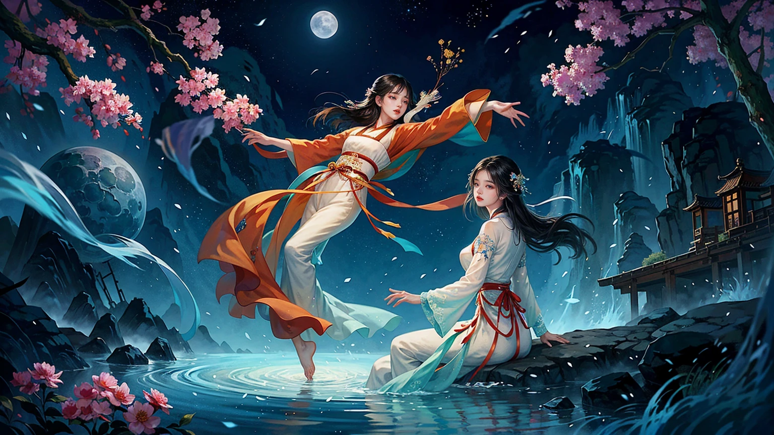 Official Art, Unity 8K wallpaper, Extremely detailed, beautiful and aesthetic, masterpiece, best quality, For the world,You may be alone,But for someone,You could be the whole world, paradox, Adrian Genius, Jenny Savile, Edward Hope, Surrealism, The Dark Arts of James Jean, Takato Yamamoto, 墨water朋克极简主义, fashion magazine, Editorial Photography, gufeng, moon, Tree, Solitary, water, flower, Branches, night, Black Hair, Back to, shawl, full moon, (1 Korean girl,Sexy facial features,Sexy fingers), in Tree, Long hair, Sky, sit, Chinese clothes, Hanfu, crescent moon, permanent, outdoor,手上有一个water晶球