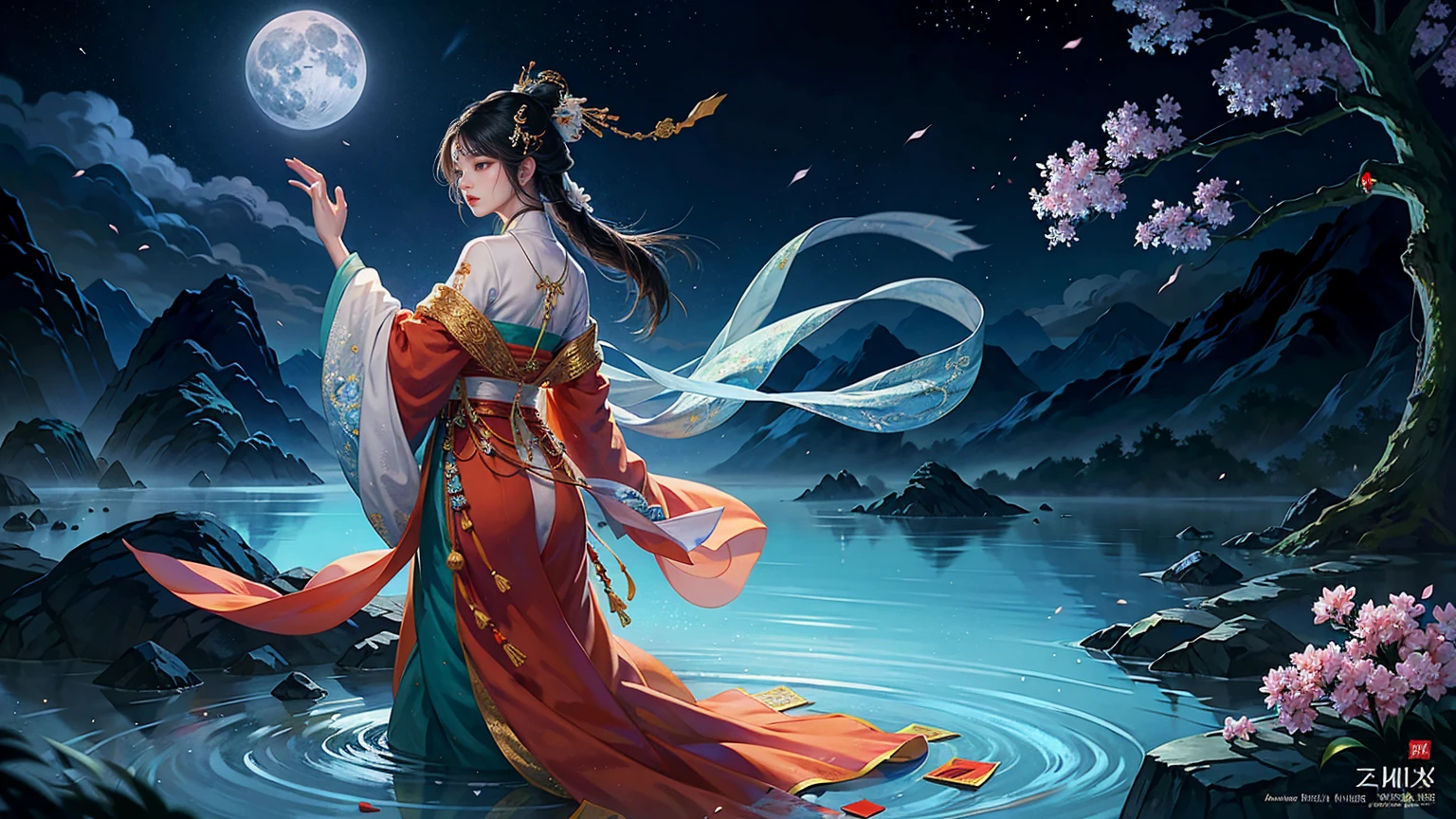Official Art, Unity 8K wallpaper, Extremely detailed, beautiful and aesthetic, masterpiece, best quality, For the world,You may be alone,But for someone,You could be the whole world, paradox, Adrian Genius, Jenny Savile, Edward Hope, Surrealism, The Dark Arts of James Jean, Takato Yamamoto, 墨water朋克极简主义, fashion magazine, Editorial Photography, gufeng, moon, Tree, Solitary, water, flower, Branches, night, Black Hair, Back to, shawl, full moon, (1 Korean girl,Sexy facial features,Sexy fingers), in Tree, Long hair, Sky, sit, Chinese clothes, Hanfu, crescent moon, permanent, outdoor,手上有一个water晶球
