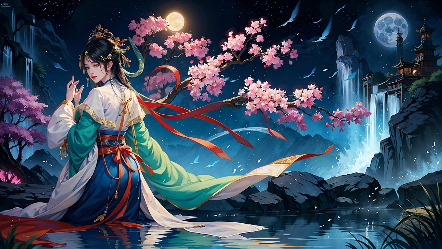 Official Art, Unity 8K wallpaper, Extremely detailed, beautiful and aesthetic, masterpiece, best quality, For the world,You may be alone,But for someone,You could be the whole world, paradox, Adrian Genius, Jenny Savile, Edward Hope, Surrealism, The Dark Arts of James Jean, Takato Yamamoto, 墨water朋克极简主义, fashion magazine, Editorial Photography, gufeng, moon, Tree, Solitary, water, flower, Branches, night, Black Hair, Back to, shawl, full moon, (1 Korean girl,Sexy facial features,Sexy fingers), in Tree, Long hair, Sky, sit, Chinese clothes, Hanfu, crescent moon, permanent, outdoor,手上有一个water晶球