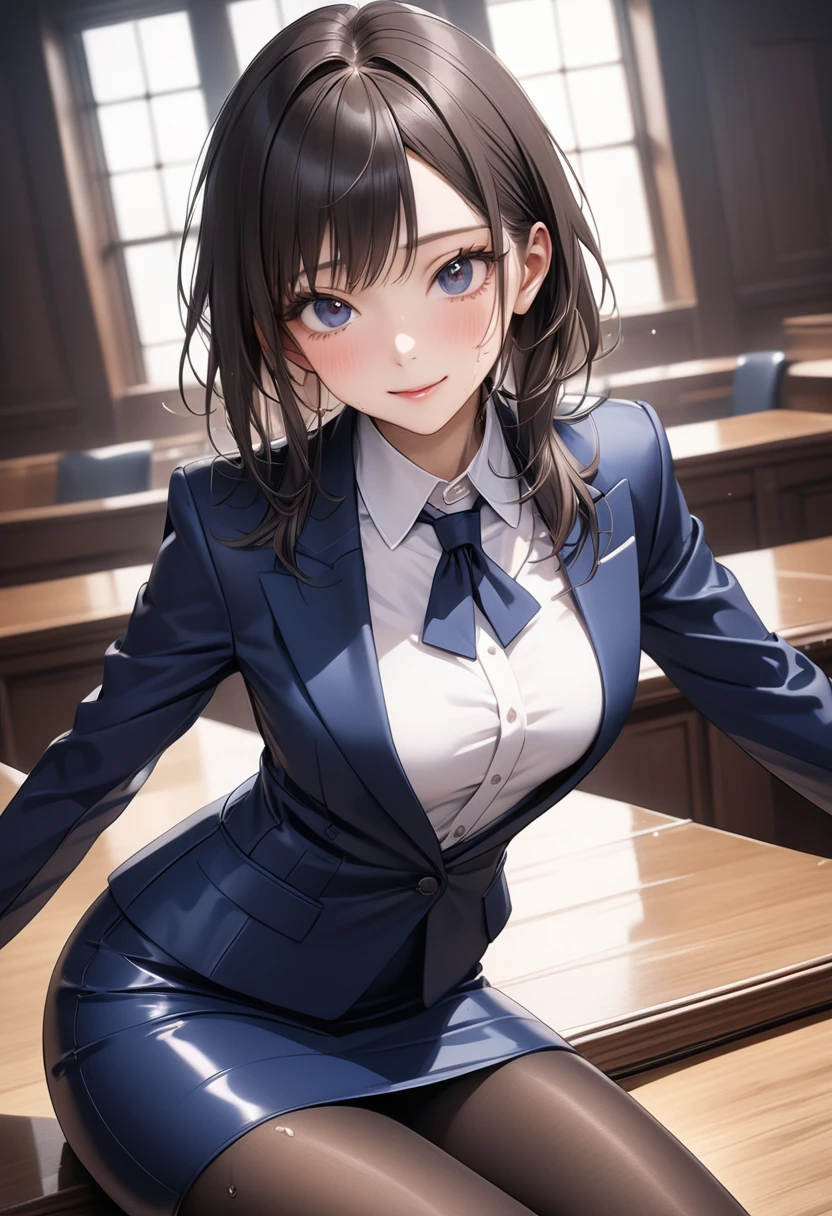 (((Female lawyer, formal suit skirt, pencil skirt, pantyhose, white blouse, navy blue jacket, (Shiny Costumes)))), skinny, solo, 1 woman, Masterpiece, highest quality, highest quality, 16K, incredibly absurd, highly detailed, 2.5D, ai-generated, delicate and dynamic, very delicate facial expressions, delicate eye depiction, erotic, only sexy woman, ((A cute and kind face)), healthy figure, ((25-year-old woman)), 160cm tall, medium firm swaying bust,, blush, Sweat,Embarrassed,sexy, ((thin thighs)), (Erect nipples:1.0), shiny and lustrous, facing straight at viewer, smile, ((Oily_skin)), ((dutch angle)), ((erotic pose)), Fashion Model poses, Fashion Model style, (Close-up),In the courtroom, sitting on a desk,