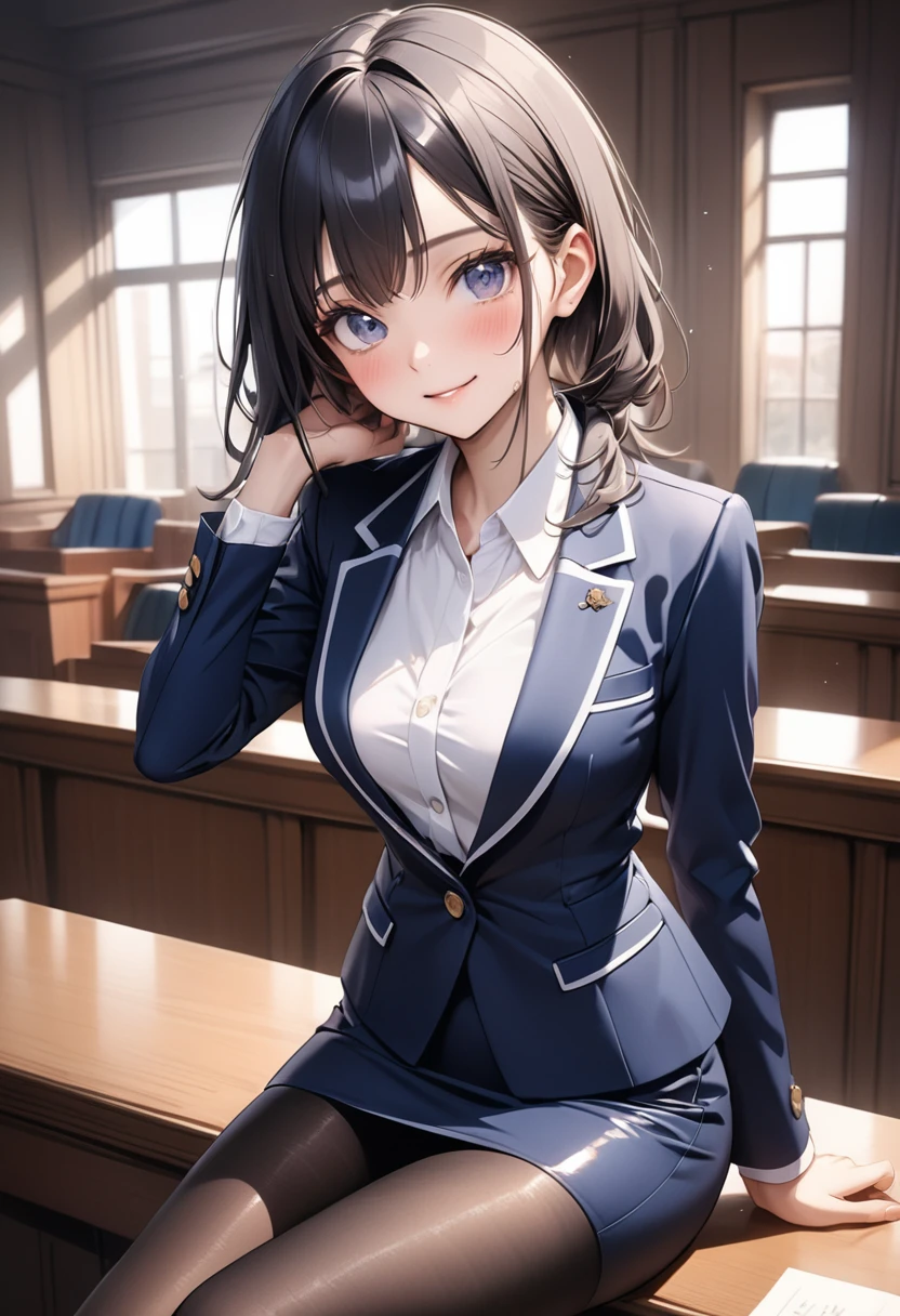 (((Female lawyer, formal suit skirt, pencil skirt a black, pantyhose, white blouse, navy blue jacket, (Shiny Costumes)))), skinny, solo, 1 woman, Masterpiece, highest quality, highest quality, 16K, incredibly absurd, highly detailed, 2.5D, ai-generated, delicate and dynamic, very delicate facial expressions, delicate eye depiction, erotic, only sexy woman, ((A cute and kind face)), healthy figure, ((25-year-old woman)), 160cm tall, medium firm swaying bust,, blush, Sweat,Embarrassed,sexy, ((thin thighs)), (Erect nipples:1.0), shiny and lustrous, facing straight at viewer, smile, ((Oily_skin)), ((dutch angle)), ((erotic pose)), Fashion Model poses, Fashion Model style, (Close-up),In the courtroom, sitting on a desk,