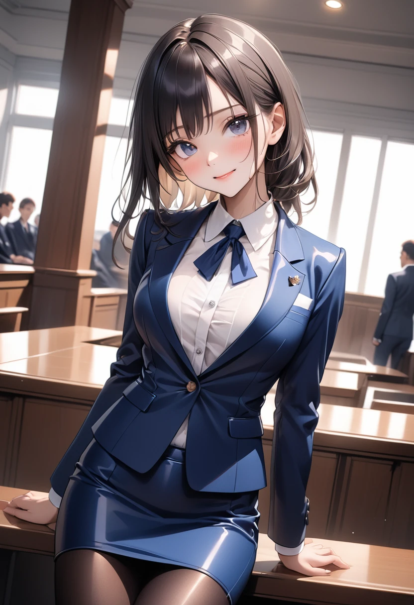 (((Female lawyer, formal suit skirt, pencil skirt a black, pantyhose, white blouse, navy blue jacket, (Shiny Costumes)))), skinny, solo, 1 woman, Masterpiece, highest quality, highest quality, 16K, incredibly absurd, highly detailed, 2.5D, ai-generated, delicate and dynamic, very delicate facial expressions, delicate eye depiction, erotic, only sexy woman, ((A cute and kind face)), healthy figure, ((25-year-old woman)), 160cm tall, medium firm swaying bust,, blush, Sweat,Embarrassed,sexy, ((thin thighs)), (Erect nipples:1.0), shiny and lustrous, facing straight at viewer, smile, ((Oily_skin)), ((dutch angle)), ((erotic pose)), Fashion Model poses, Fashion Model style, (Close-up),In the courtroom, sitting on a desk,