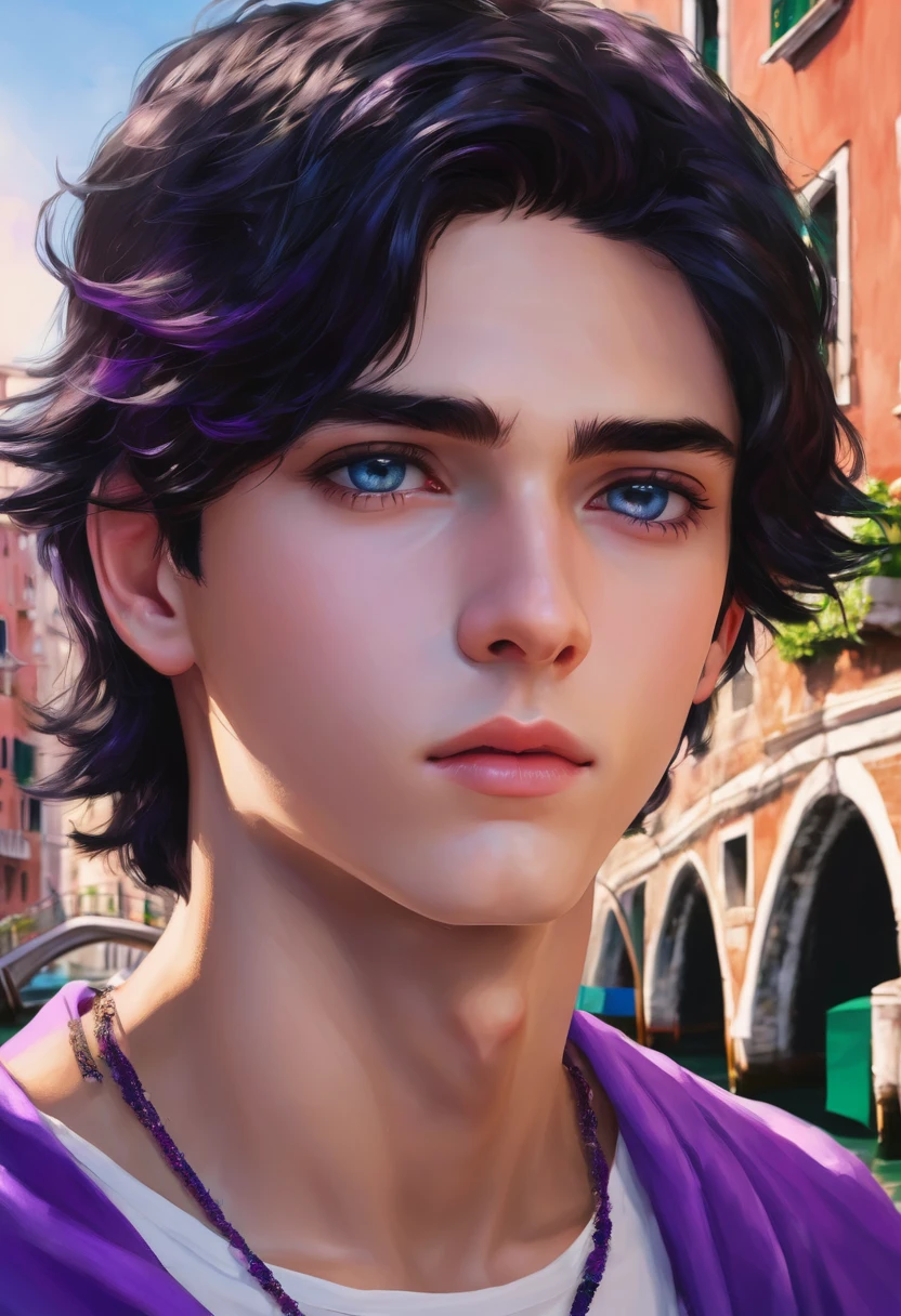 beautiful innocent angelic teenage boy is in love with realistic black hair and violet eyes in real life in Venice, Italy