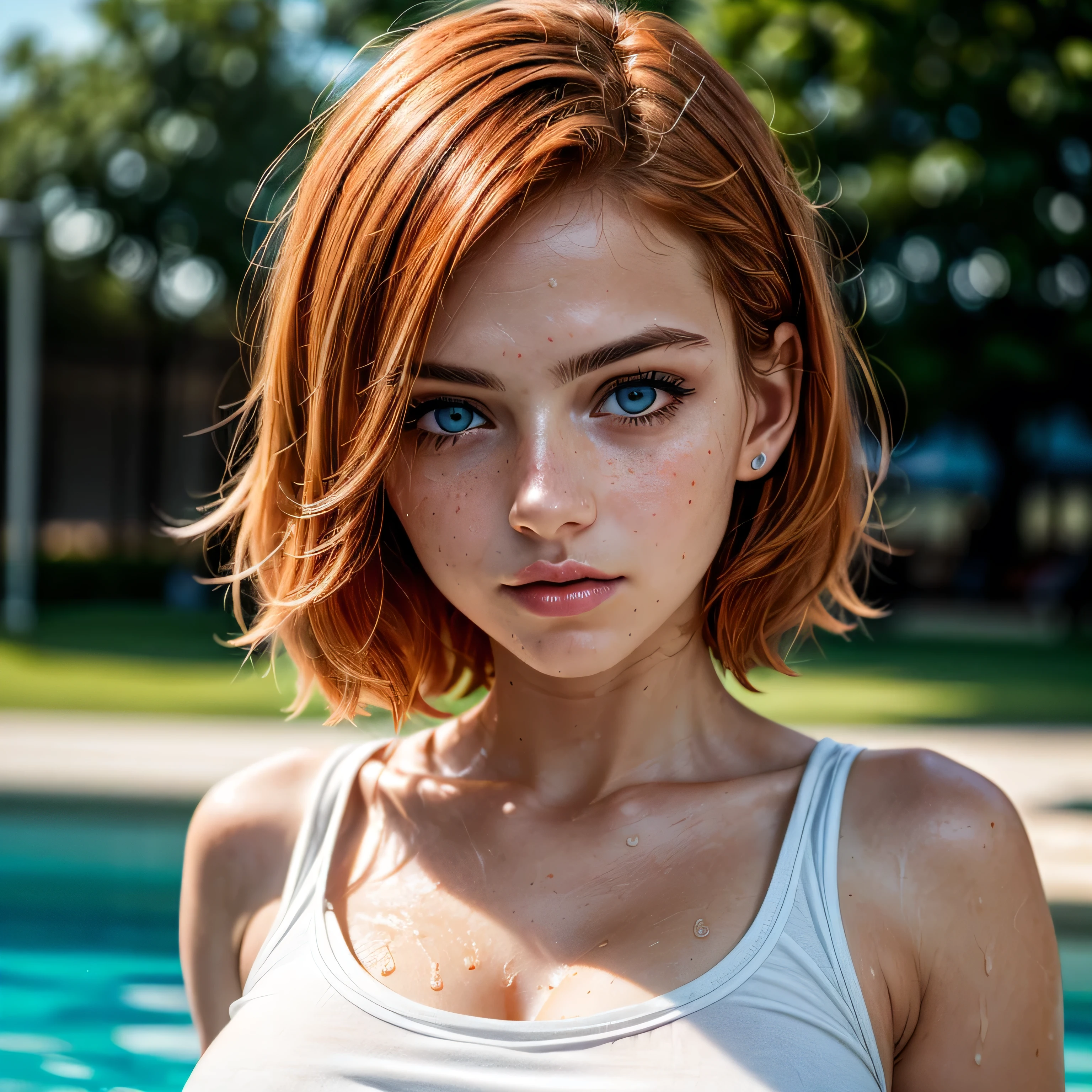 (masterpiece, photorealistic:1.4, extremely intricate:1.3), (photon mapping, radiosity, physically based rendering, ultra resolution, hyper-realistic, photorealistic:1.4, hyper-realistic, 8K, rtx), female, 19 years old, ((solo teenage 1girl [bodybuilder:supermodel:0.2], (short [bright orange hair:bright ginger hair:0.7], [medium breasts:large breasts:0.8]), cutoff white t-shirt, ((humid, moist), [skin detail:freckles:0.8]), (((sharp focus on subject's face))))), outdoors, pool, intense sunlight, cinematic, bokeh, BREAK, (((dynamic pose, Photograph on Fujifilm)))
