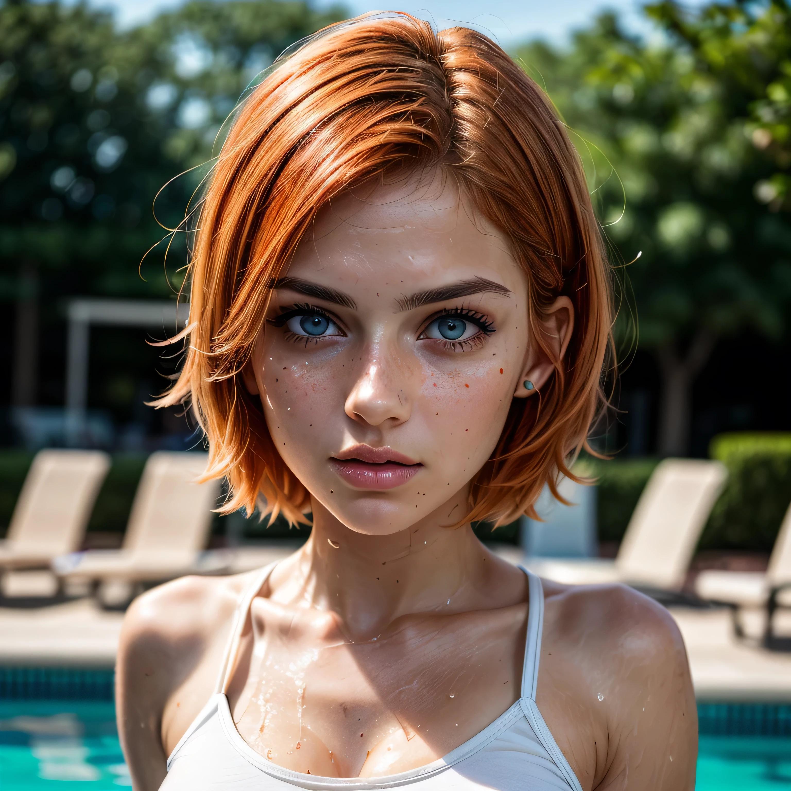 (masterpiece, photorealistic:1.4, extremely intricate:1.3), (photon mapping, radiosity, physically based rendering, ultra resolution, hyper-realistic, photorealistic:1.4, hyper-realistic, 8K, rtx), female, 19 years old, ((solo teenage 1girl [bodybuilder:supermodel:0.2], (short [bright orange hair:bright ginger hair:0.7], [medium breasts:large breasts:0.8]), cutoff white t-shirt, ((humid, moist), [skin detail:freckles:0.8]), (((sharp focus on subject's face))))), outdoors, pool, intense sunlight, cinematic, bokeh, BREAK, (((dynamic pose, Photograph on Fujifilm)))
