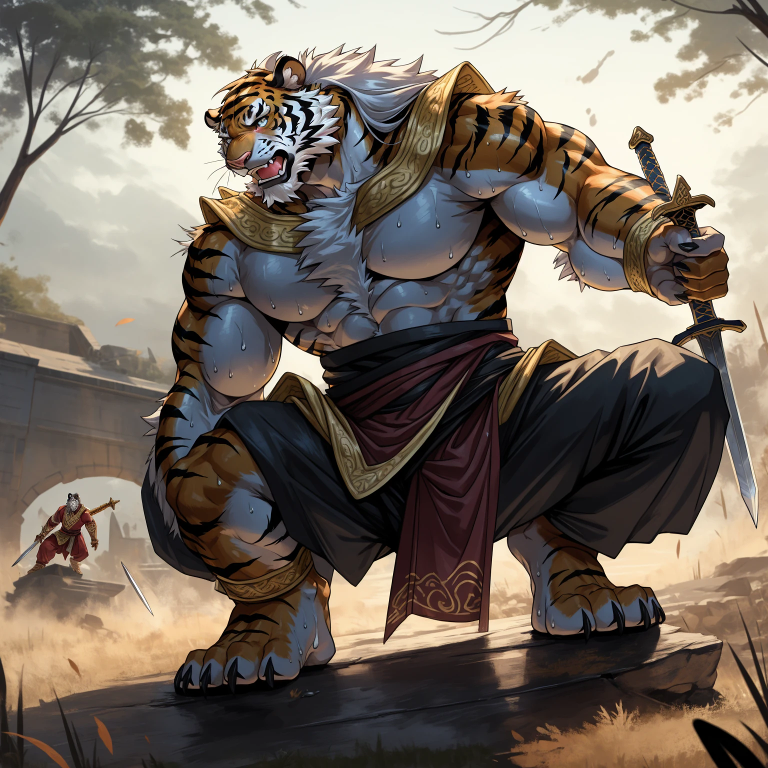 White hair on back，金色tiger纹，白色皮毛老tiger，Strong body，Wearing imperial robes，Dressed in gorgeous clothes，tiger_beast, Detailed fan art，anger，Get down on one knee，Keep balance with sword，pant，Sweat，White Teeth，is heavily injured，He had a scar on his face，Background battlefield