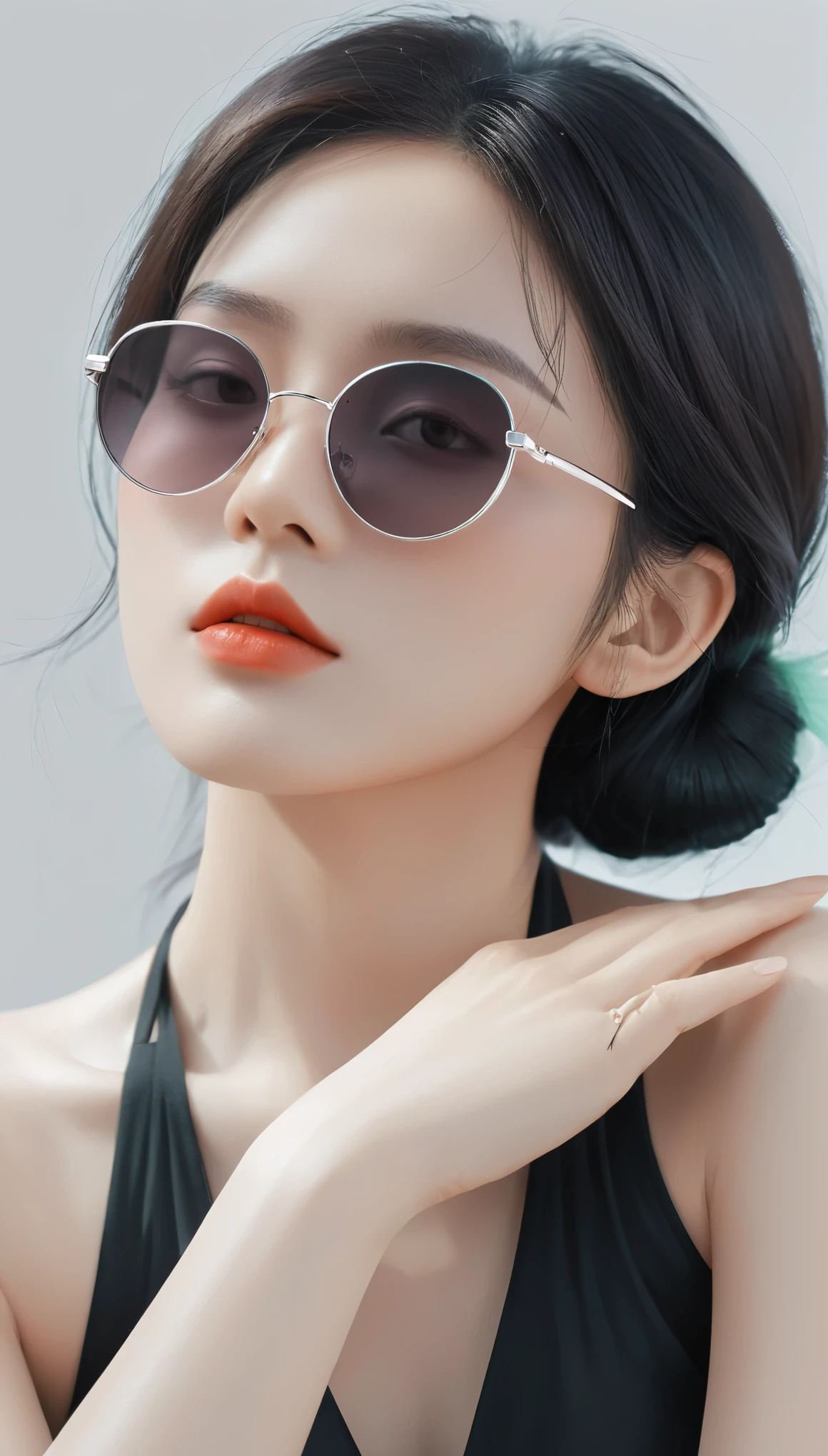 masterpiece，best quality，detail，Perfect composition，Super good quality，HD Wallpapers，A young woman wearing crimson sunglasses，illustration，With black aesthetics、The style of anime aesthetics，I can't believe how beautiful it was，Black Pearl and Mint，monochromatic minimalist portraits，Pop artistic sense，whole body，Dynamic，solo，Posing with hands on chest，