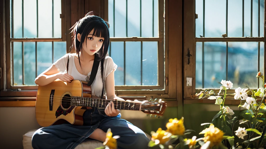 Anime girl playing the guitar in front of a flowered window, artwork in the style of Gwaiz, play the guitar, I'm playing the guitar, everyone, I'm playing the guitars, play the guitar, Realistic anime art style, Realistic Anime 3D Style, Gwaiz, Realistic anime art style, Anime realism style, The girl plays the guitar, Nightcore, Anime Style 4k