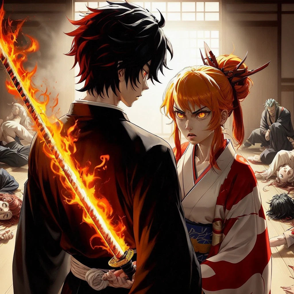 Demon slayer art style, wallpaper, anime, masterpiece, the back of a man in a dojo looking at a woman who is surrounded by defeated bodies lying on the floor, The man has black hair, bright red eyes and wears a black and white kimono, he is surrounded by sun flames, The woman has an psycho angry gaze, rengoku hairstyle, yellow/red hair, and wears red and white kimono, and is surrounded with blue fire around her, dynamic pose, dynamic view, epic, blue and orange flames.