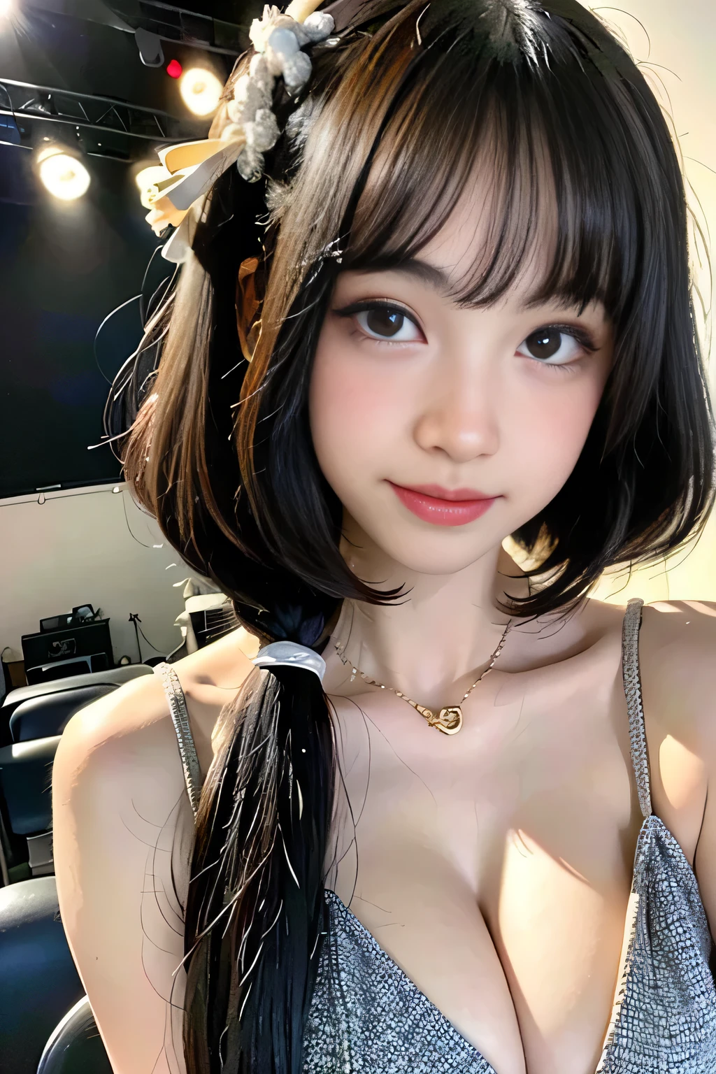 (masterpiece,best quality:1.4),(absurdres:1.3),((8k)),((super resolution:1.4)),(raw photo,photo realistic:1.2),(shiny skin),extremely detailed skin,detailed face,detailed eyes,sparkling eyes,Detailed hand,Detailed Hair,Detailed Background,(TEMU, popular idol costumes, stage costumes,checkered pattern, ta fashion),(detail idol costumes, Loliashion, Rakuten market, TEMU,online shopping,),((Detailed cleavage,holding microphone,Tokyo Dome, Yokohama Arena Concert,stage)),flat chest,,1 girl,upper body,Japanese idol,extremely beautiful face,brown hair,Hair ornament, fair-skinned ,random hairstyle, pretty girl singing,,nsfw,,crouch,Front view from below:1.3,nogisaka costumes,lace Panties ,sit on a chair