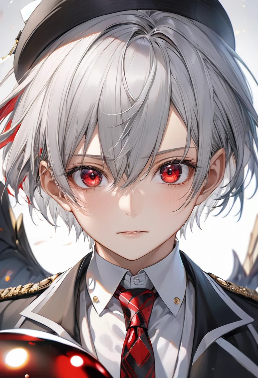 (Close-up face style), (pov, solo:2,  yo), (cool crew cut) (cool detailed silver hair, very short hair) (divine fighter boy, beautiful red eyes), (very serious face:1.3), in a butler suit, BREAK, perfect anatomy, masterpiece, best quality, 16k, beautiful detailed lclose-up face, daydreaming expression.
