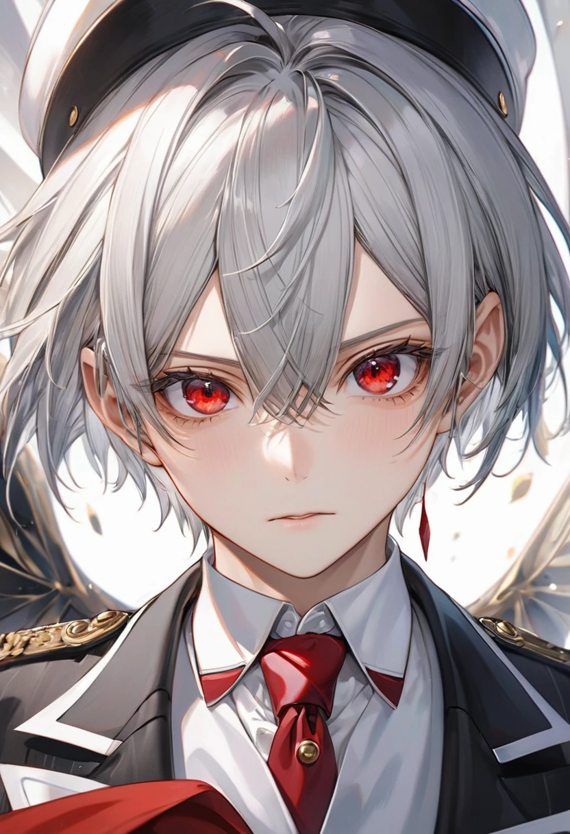 (Close-up face style), (pov, solo:2, 16 yo), (cool crew cut) (cool detailed silver hair, very short hair) (divine fighter boy, beautiful red eyes), (very serious face:1.3), in a butler suit, BREAK, perfect anatomy, masterpiece, best quality, 16k, beautiful detailed lclose-up face, daydreaming expression.