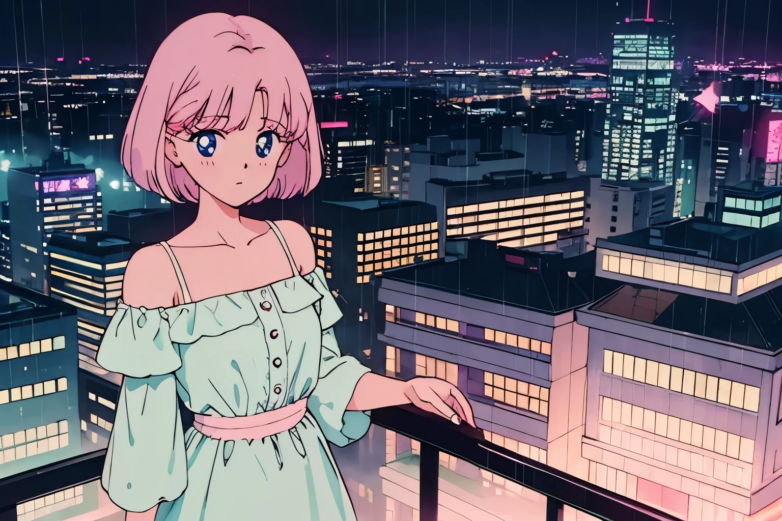Highest quality,,girl,cute,Short Bob Hair,Pink Hair,Light blue eyes,Off-the-shoulder dress,Rainy cityscape,night,Looking out the window,