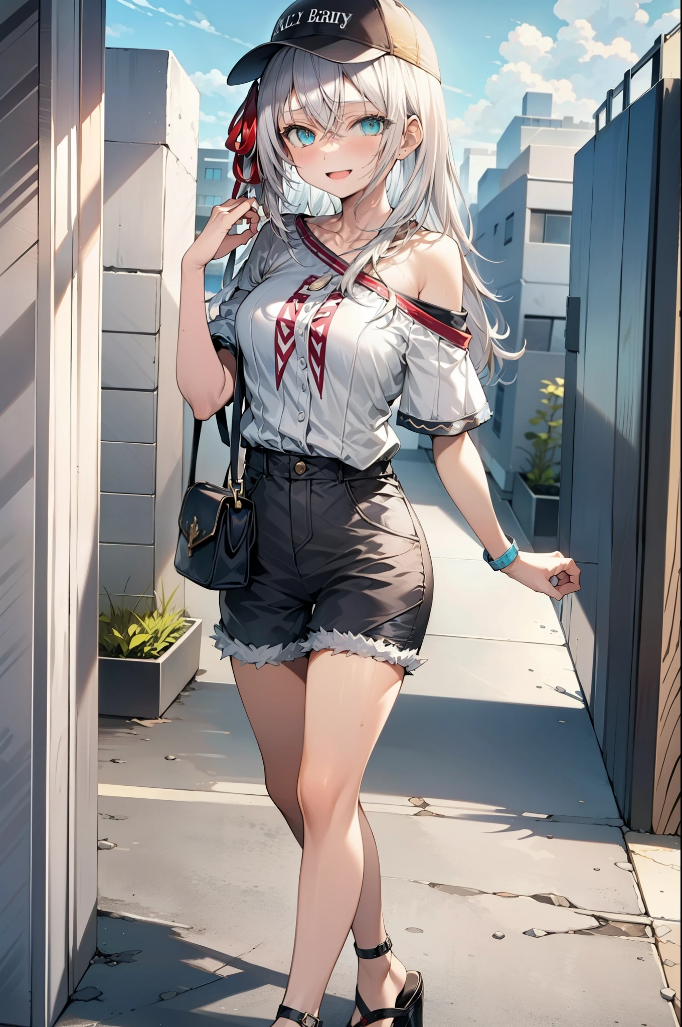  Alisa Mikhailovna Kujo,Hair between the eyes, Aqua Eye, Gray Hair, Long Hair, ribbon, hair ribbon, Oversized one-shoulder shirt,Short sleeve,Shorts,Heeled Sandals,Baseball hats,walk,happy smile, smile, Open your mouth,whole bodyがイラストに入るように,Daytime,Clear skies,
break outdoors, Building district,
break looking at viewer, whole body,
break (masterpiece:1.2), Highest quality, High resolution, unity 8k wallpaper, (figure:0.8), (Beautiful attention to detail:1.6), Highly detailed face, Perfect lighting, Highly detailed CG, (Perfect hands, Perfect Anatomy),