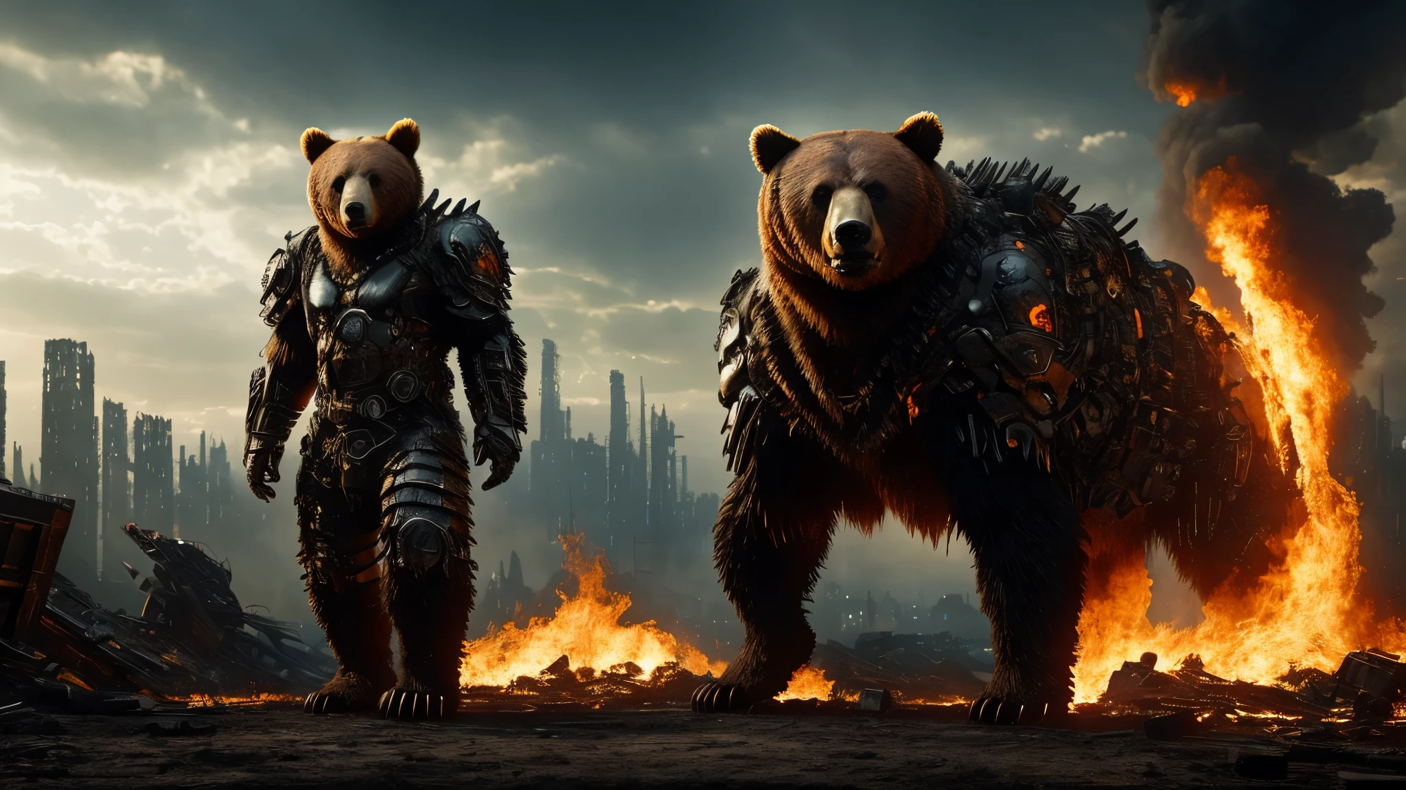 [Ultra-realistic][Cyberpunk style] A ferocious bear-like humanoid cyborg that threatens enemies with its huge, sharp claws and roars. He wears bone armor and human bone decorations. The background is a burning ruins with flames and smoke.