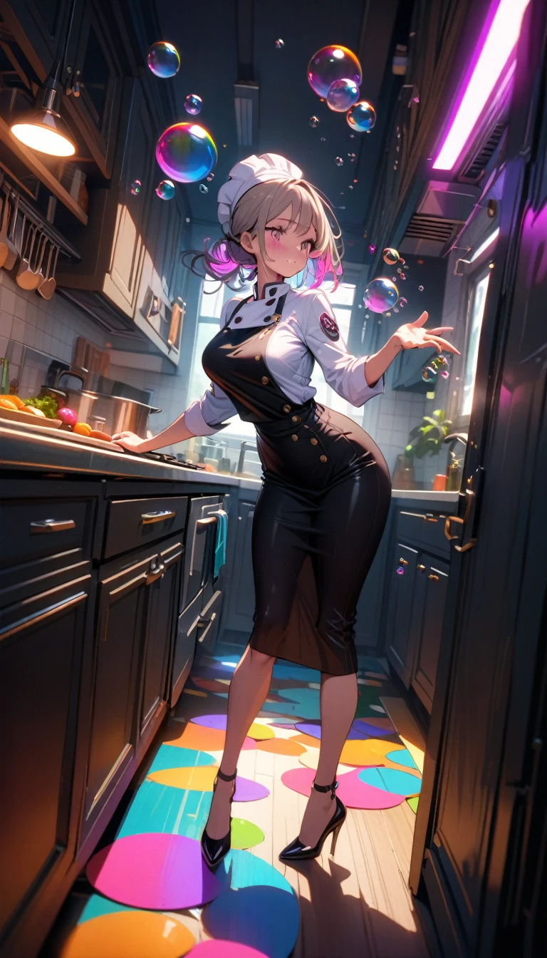 ((best quality)) , ((masterpiece)) , (detailed),1 female,((colorful bubble)),(floating),detailed light,((kitchen)),Female chef,High heel,((whole body))