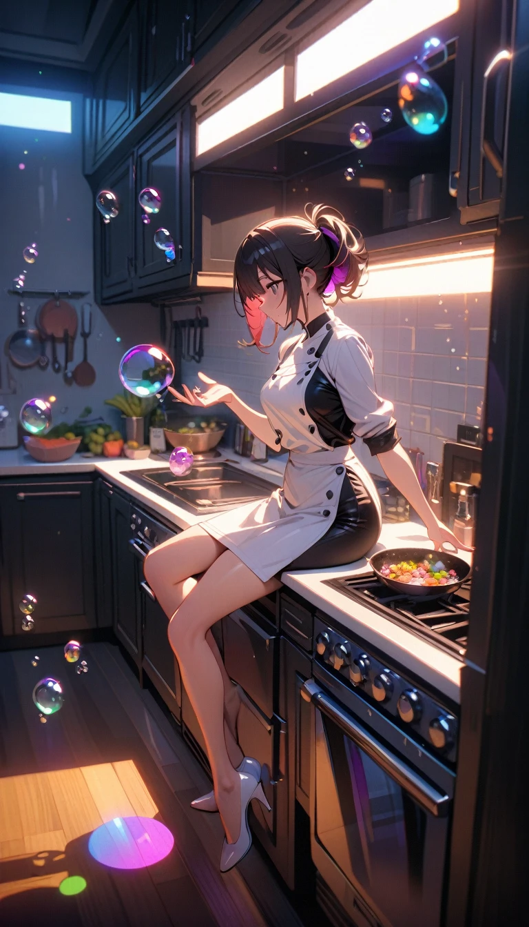 ((best quality)) , ((masterpiece)) , (detailed)，1 female，((colorful bubble)),(floating),detailed light，((kitchen))，Female chef，High heel，((whole body))