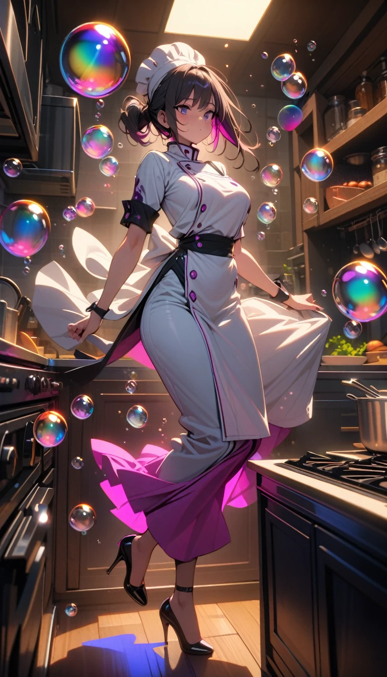 ((best quality)) , ((masterpiece)) , (detailed),1 female,((colorful bubble)),(floating),detailed light,((kitchen)),Female chef,High heel,((whole body))