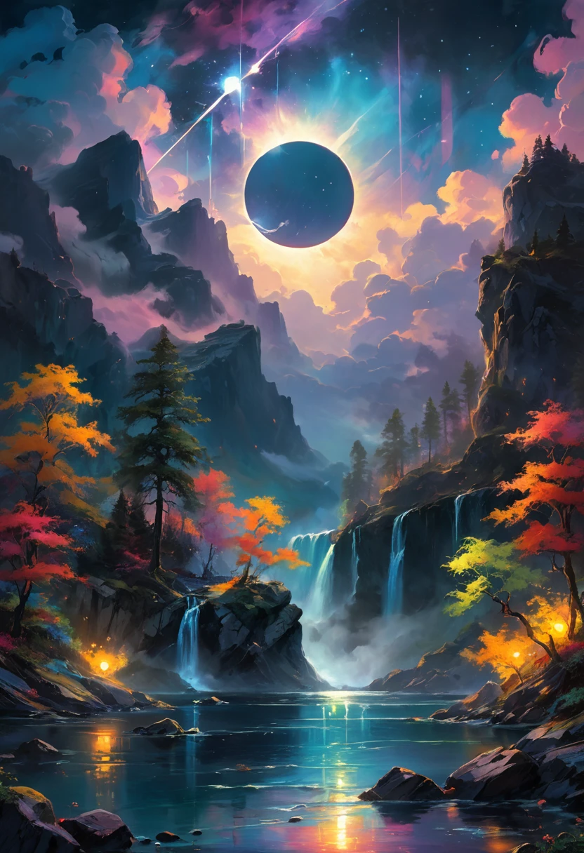 Under the eerie glow of a eclipse, a dark and ominous landscape unfolds. A vibrant, colorful tree stands by the edge of a serene lake, its vivid hues contrasting starkly with the foreboding atmosphere. In the background, a waterfall cascades down jagged rocks, the water glistening in the eclipse. Thick, swirling clouds loom overhead, adding to the sense of an evil presence. The eclipse filters through the clouds, casting an otherworldly glow over the scene. A falling star streaks across the sky, adding a touch of mysticism to the night. The air is thick with a sense of ancient secrets and dark magic, as if the very night is alive with hidden power. [romantic impressionism,dream scenery art,beautiful oil matte painting,romantic,style of thomas kinkade,beautiful digital painting,anime landscape,romantic painting,dreamlike digital painting,colorful painting,beautiful gorgeous digital art,style of greg rutkowski,janek sedlar,jenny saville:0]