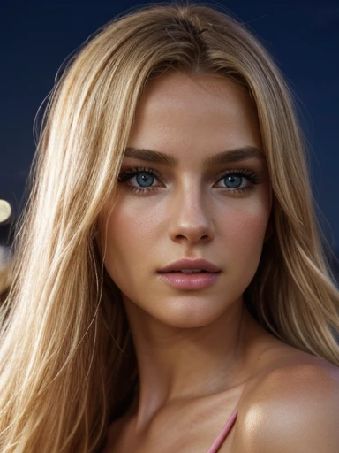 Long blonde hair, european girl, masterpiece, photorealistic, 8k, cinematic lighting, dramatic shadows, vivid colors, detailed skin texture, (realistic, photo-realistic:1.37), (best quality:1.2), extremely detailed face and body, beautiful eyes, lips, nose, detailed hair, dramatic atmosphere, cinematic composition, elegant and graceful Flirting with camera on bright city background, night photo, On your side, well lit pink and small, .