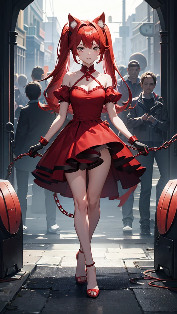 A girl with red cat ears, red hair, ponytail, she is wearing a red strapless dress that leaves her thighs and legs and feet exposed, full body, she has her arms half open, her wrists are handcuffed and chained by a metal chain that connects to a steel collar that is around her neck, in a high-class ballroom, there are men in suits in the background and an audience in the background, she is wearing red gloves that go from her hands to half of her arms, she is worried, anxious, barefoot, her hands are half open, fear, standing