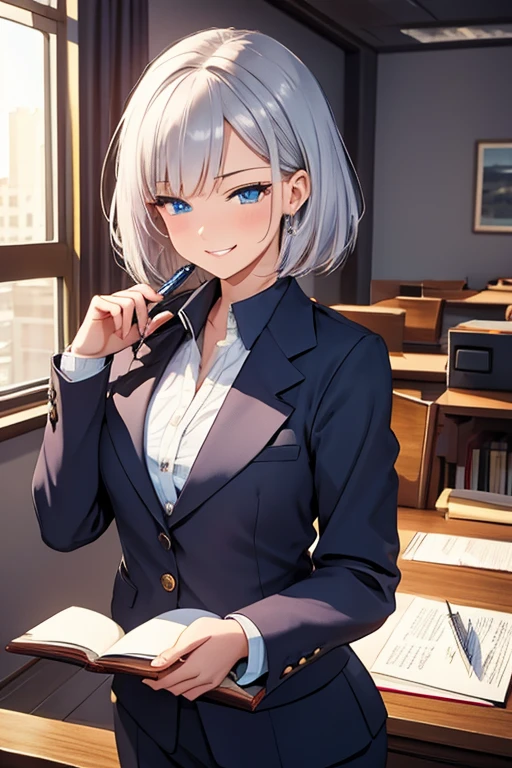 A woman, silver bob hair, blue eyes, wearing lawer suit, look down the desk, cute grinning expression, extremely detailed and realistic, masterpiece quality, ultra-detailed, HDR, studio lighting, vivid colors, physically-based rendering, lawyer, in the office, have a pen, 