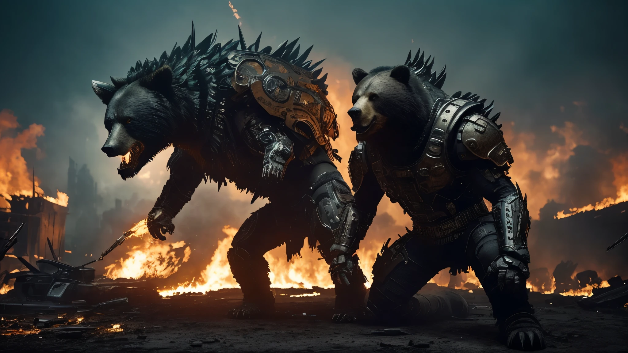 [Ultra-realistic][Cyberpunk style] There is one character. A ferocious, bear-like humanoid cyborg that threatens enemies with its huge, sharp claws and roars. He wears bone armor and human bone decorations. The background is a ruin burning with flames and smoke. A powerful super-zoomed image of the character pointing his huge claws at the screen and about to attack at any moment.