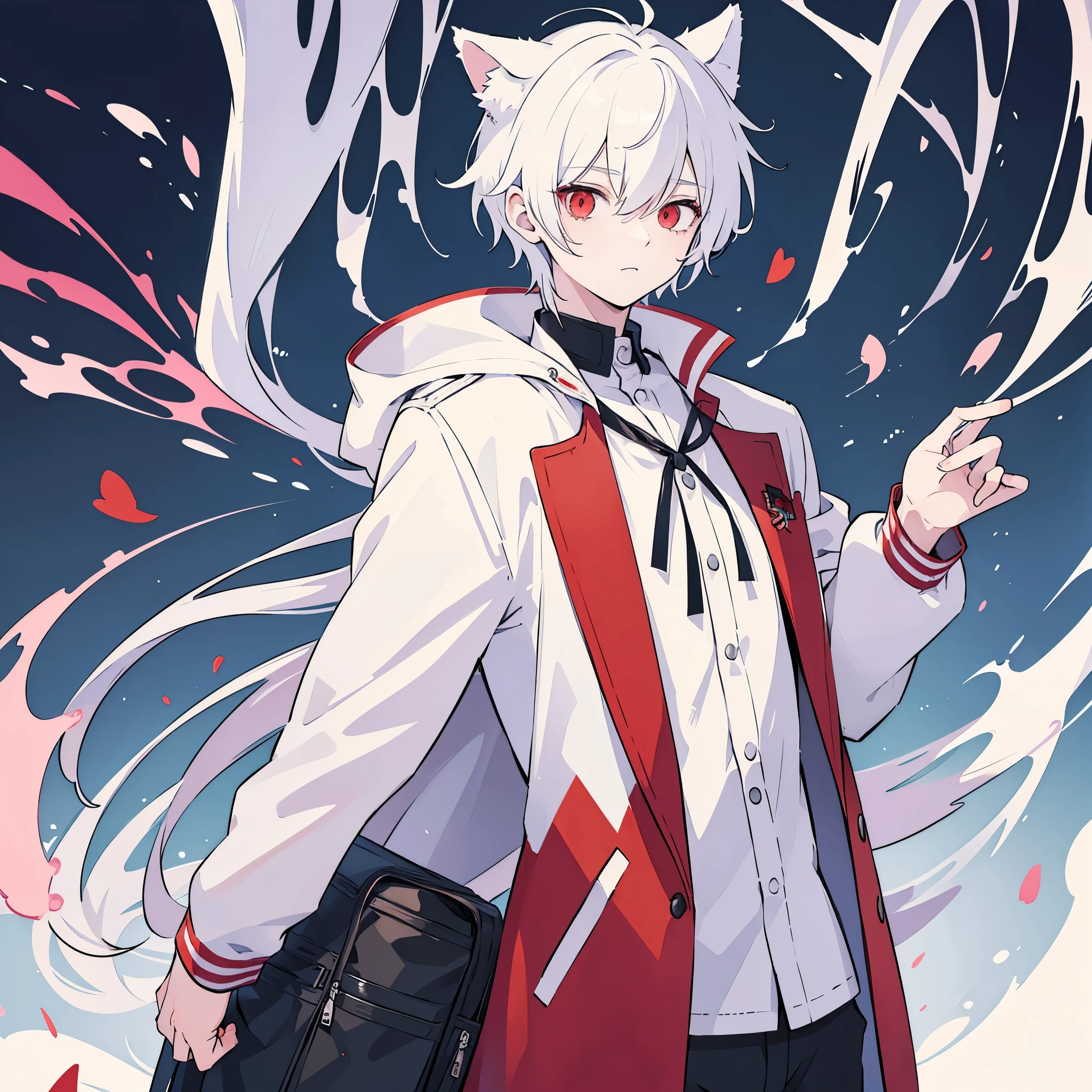 Boy with cat ears, With white hair, red eyes, , wearing jacket, bust up!!!!!!!!!,cute boy in school, holding candy,