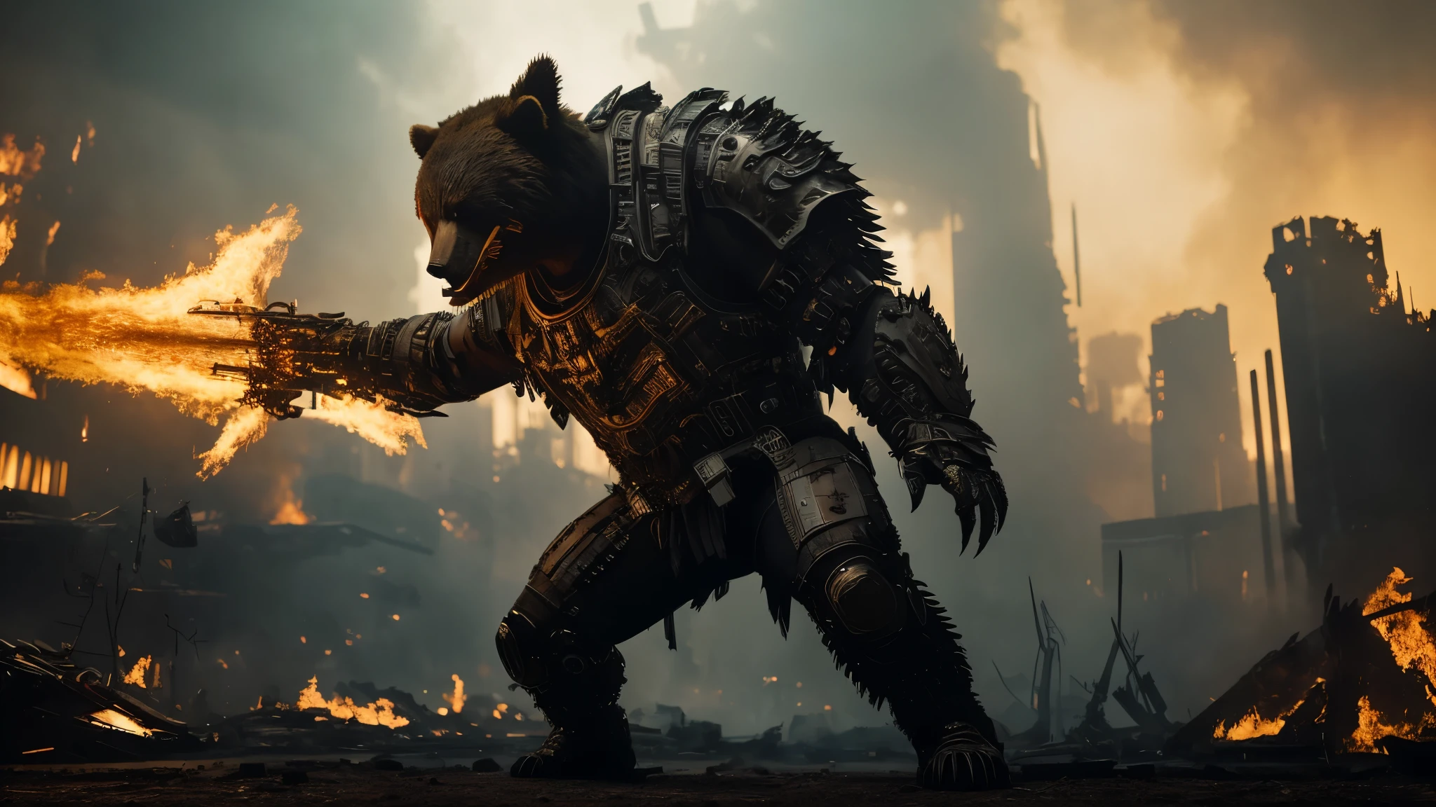 [Ultra-realistic][Cyberpunk style] There is one character. A ferocious, bear-like humanoid cyborg that threatens enemies with its huge, sharp claws and roars. He wears bone armor and human bone decorations. The background is a ruin burning with flames and smoke. A powerful super-zoomed image of the character pointing his huge claws at the screen and about to attack at any moment.