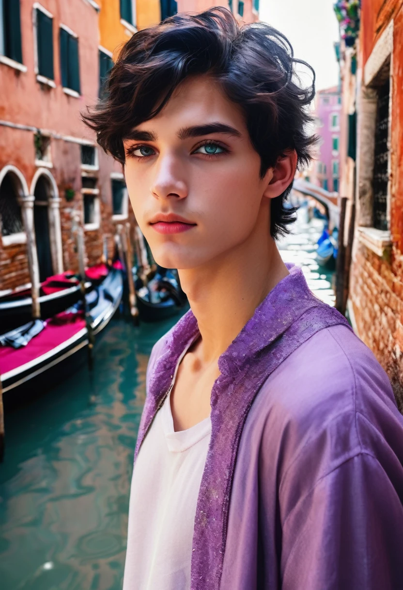 beautiful innocent angelic teenage boy is in love with realistic black hair and violet eyes in real life in Venice, Italy