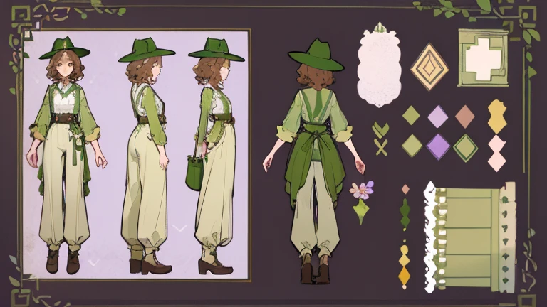 (Masterpiece, best quality), detailed, 1 gardener woman, ((character concept art)), ((character design sheet, reference sheet, same character, front, side, back)), full body, body complete, 1 gardener female, 1 gardener women. Character design sheet full body, Highly detailed, character sheet, character design, Many parts, pale skin, olive green eyes, short brown curly hair, lavender flower, lavender flower reference, lavender flower character reference, lavender flower inspired, flat chest, garden hat, gardening hat, pants, Ecofashion, Ecopunk, Ecology, Earthy clothing, gardening clothing, gardening, garden, Solarpunk, Solarpunk reference, Solarpunk inspired, cottagecore aesthetic, cottagecore, pants, gold details, pastel purple, green and brown color palette for the clothes.