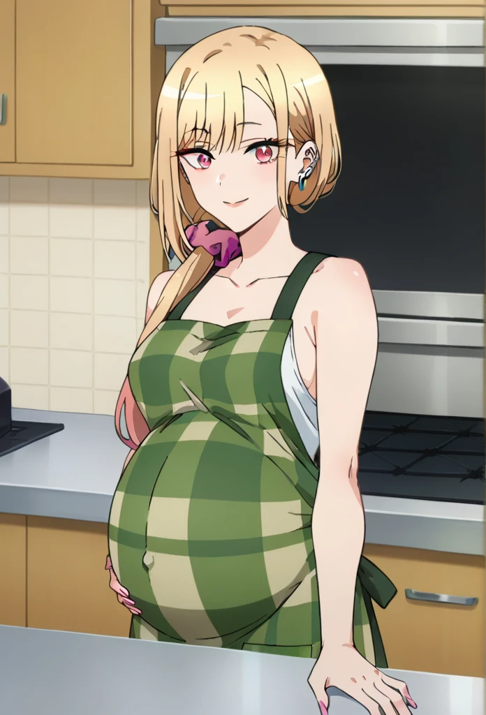 score_9, score_8_up, score_7_up, source_anime,
KitagawaMarin,
1girl, closed mouth, light smile,
multicolored hair, blonde hair, hair over shoulder, low ponytail, pink scrunchie, leopard print, magenta eyes, ear piercing, earrings, pink nails, makeup, pregnant, pregnant belly,
MarinApron, green apron, plaid apron, bare shoulders,
standing, looking at viewer,
indoors, kitchen
