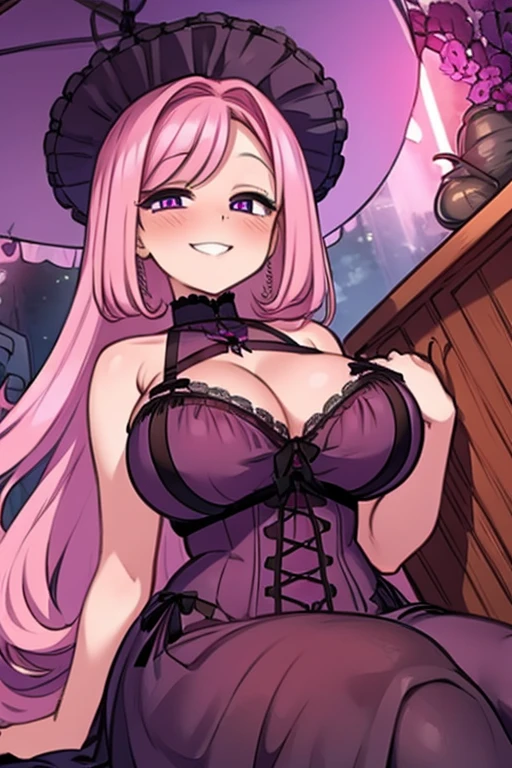 perfect face. Perfect hands. A pink haired woman with violet eyes and an hourglass figure wearing a Gothic lolita dress is laying in a coffin with a big smile