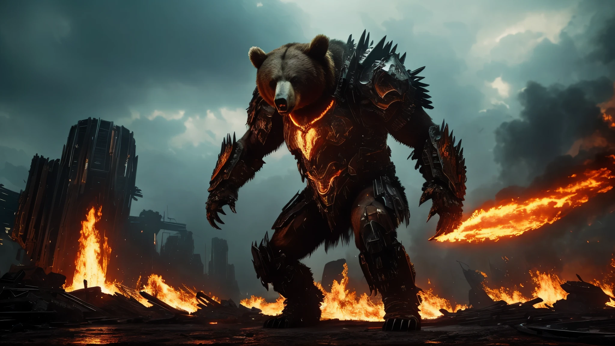 [Ultra-realistic][Cyberpunk style] A ferocious bear-like humanoid cyborg that threatens enemies with its huge, sharp claws and roars. It wears bone armor and human bone decorations. The background is a ruin burning with flames and smoke. A powerful zoomed-in image of the giant claws pointing at the screen, about to attack at any moment.