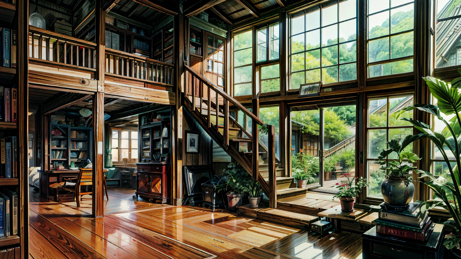 たくさんの本とFull of plantsの部屋, Overgrown library, Bookshelf, reading corner, Full of plantsの部屋, Floor-to-ceiling windows, Full of plants, overgrown with plants, Bookshelf, Huge pile of books, Bookshelf, cozy treehouse bedroom, picture of a loft in morning, Book Cave, Cozy old Victorian loft, 4k hd,, Beautiful Art UHD 4K, Beautiful artwork illustration, Beautiful digital painting, Highly detailed digital painting, Beautiful digital art, Detailed painting 4k, Highly detailed digital painting, Rich, picturesque colors, Gorgeous digital painting