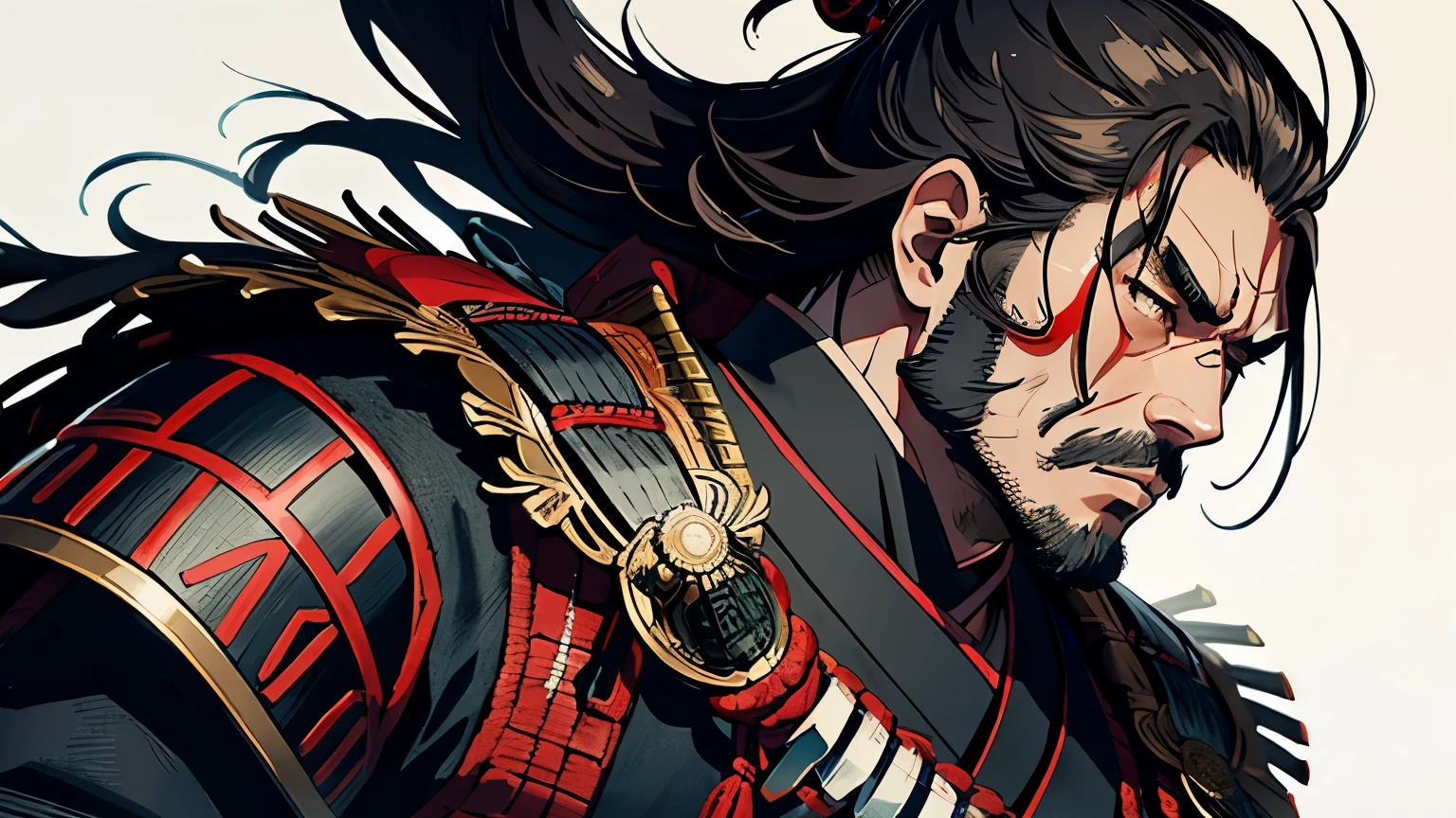 Takeda Shingen、Wearing intricately designed traditional samurai armor、Famous people in Japanese history、He has a stern look、Has an intimidating presence。