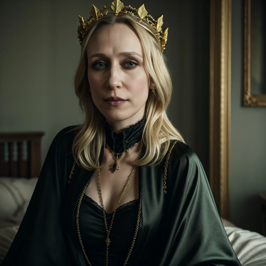 Portrait of Vera Farmiga with a golden crown, blonde platinum hair, pale skin, green eyes, gothic victorian dress, black makeup, black cape, golden jewels, gothic visual, sitting on a bed,