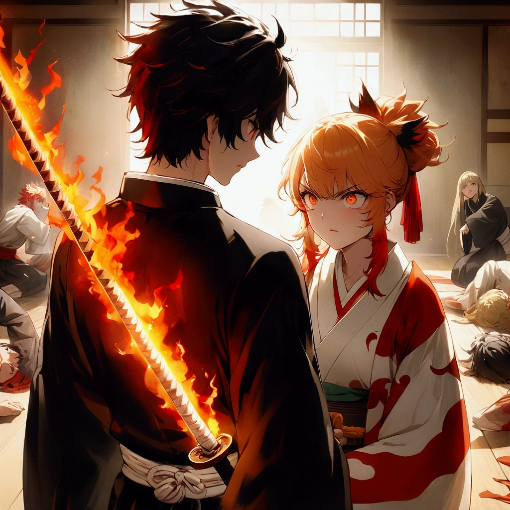 wallpaper, anime, masterpiece, the back of a man in a dojo looking at a woman who is surrounded by defeated bodies lying on the floor, The man has black hair, bright red eyes and wears a black and white kimono, he is surrounded by sun flames, The woman has an psycho angry gaze, rengoku hairstyle, yellow/red hair, and wears red and white kimono, and is surrounded with blue fire around her, dynamic pose, dynamic view, epic, blue and orange flames.