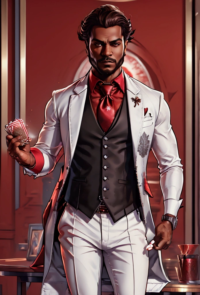 (masterpiece:1.2), (best quality), (ultra detailed), (8k, 4k, intricate),(full-body-shot:1), (highly detailed:1.2),(detailed face:1.2), (detailed background),detailed landscape, (dynamic angle:1.2), Half body Image of a man in a white suit and red tie holding 2 poker cards,. He wears mobster style clothing such as fancy trenchcoat, suit jacket with business tie underneath an red vest, smug expression, smirking (((brown:1.3, red:1.3,black:1.2, white:1.2))), short curly hair, faded haircut