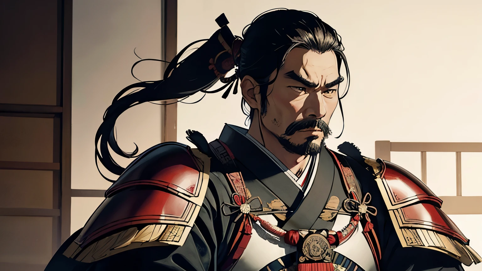 Takeda Shingen、Wearing intricately designed traditional samurai armor、Famous people in Japanese history、He has a stern look、Has an intimidating presence。