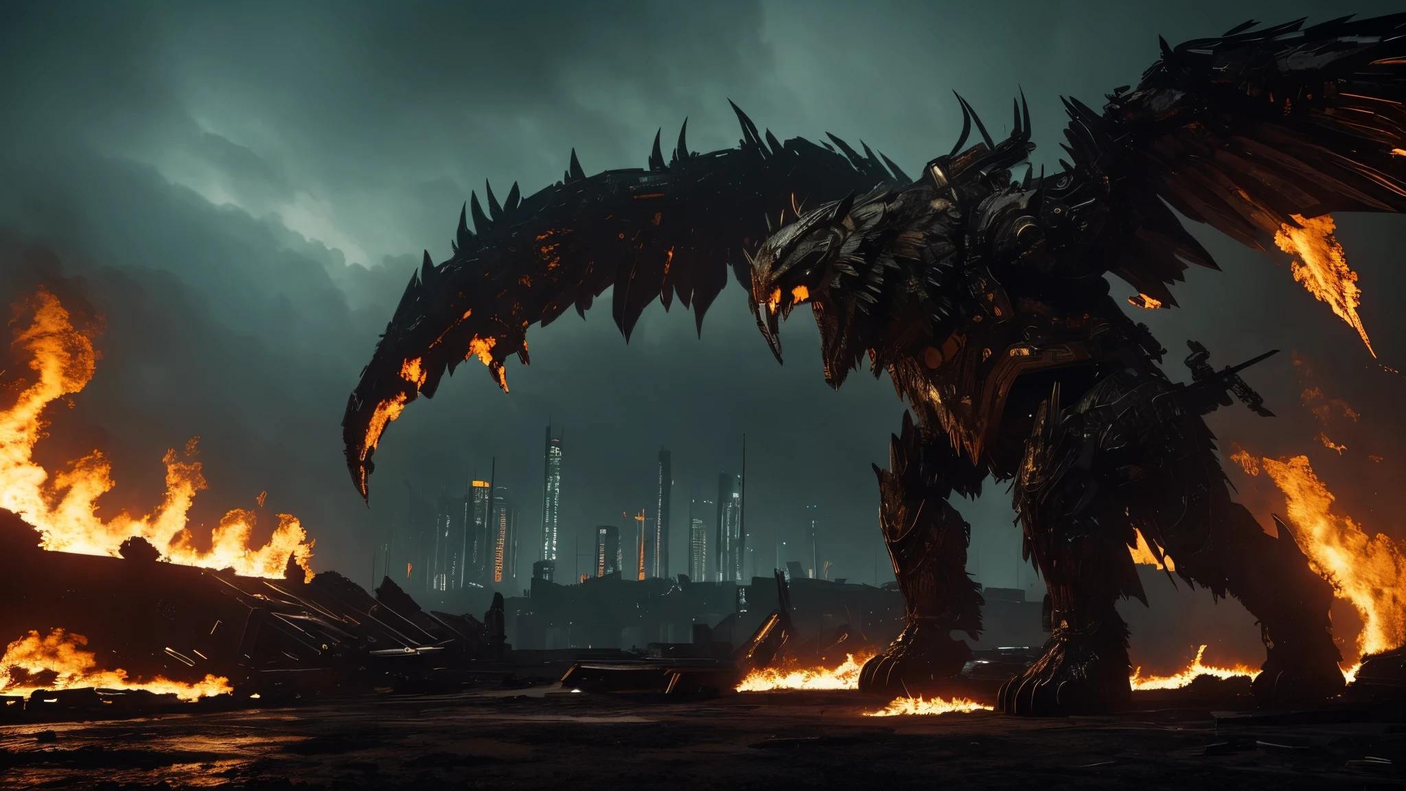 [Ultra-realistic][Cyberpunk style] There is one character model. A ferocious, bear-like humanoid cyborg that threatens enemies with its huge, sharp claws and roars. It wears bone armor and human bone decorations. The background is a ruin burning with flames and smoke. A powerful super-zoomed image of a giant claw pointing at the screen and about to attack at any moment.