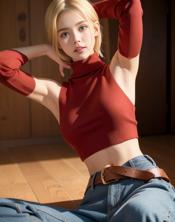masterpiece, best quality, 1 girl,Blonde, Marimus, red turtleneck sweater, Loose pants,Blue denim trousers,Show armpits,Put your hands behind your head