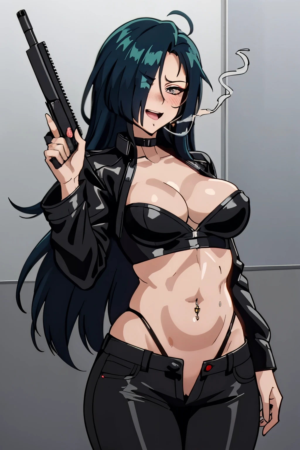 IM, 1girl, solo, hair over one eye, big breasts, blush, perfect quality, blush, lipstick, long hair, crazy eyes ,Hot girl, baddie, staring, glaring, bad attitude, mean girl, dare, angry, hate, crazy, smoking, sensual, attractive, masterpiece, best quality, highly detailed, a girls with a gun, evil smile , open mouth, sexy gaze, badass
pose , evil smile, smile, (nsfw) not safe for work, guns blazing, anime girl with long hair, beautiful long
haired girl, navel, evil expression, exposed belly, exposed navel, exposed midriff, exposed lower belly,
long black pants, crop top, cleavage, unbuttoned leather pants ,open fly, low rise black leather pants,
leather jacket, holding a gun, holding pistol, navel piercing
