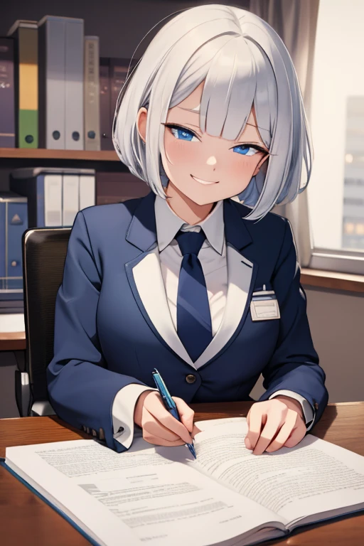 A woman, silver bob hair, blue eyes, wearing lawer suit, look down the desk, cute grinning expression, extremely detailed and realistic, masterpiece quality, ultra-detailed, HDR, studio lighting, vivid colors, physically-based rendering, lawyer, in the office, have a pen, 