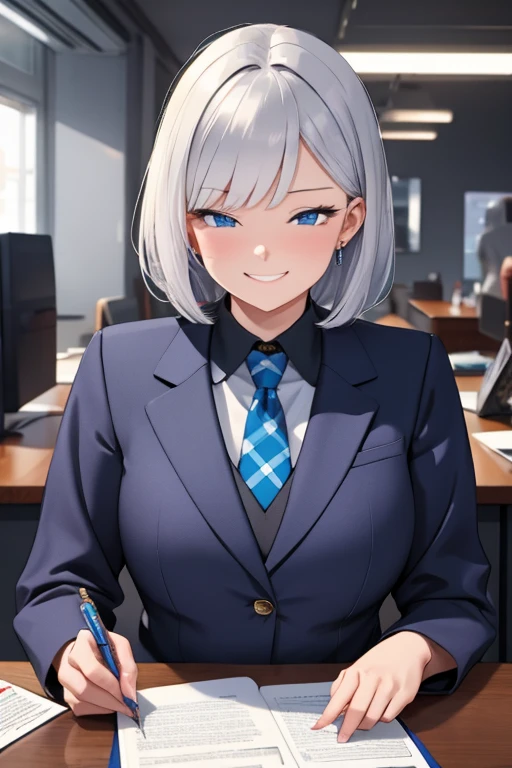 A woman, silver bob hair, blue eyes, wearing lawer suit, look down the desk, cute grinning expression, extremely detailed and realistic, masterpiece quality, ultra-detailed, HDR, studio lighting, vivid colors, physically-based rendering, lawyer, in the office, have a pen, 
