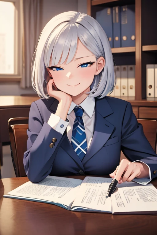 A woman, silver bob hair, blue eyes, wearing lawer suit, look down the desk, cute grinning expression, extremely detailed and realistic, masterpiece quality, ultra-detailed, HDR, studio lighting, vivid colors, physically-based rendering, lawyer, in the office, have a pen, 