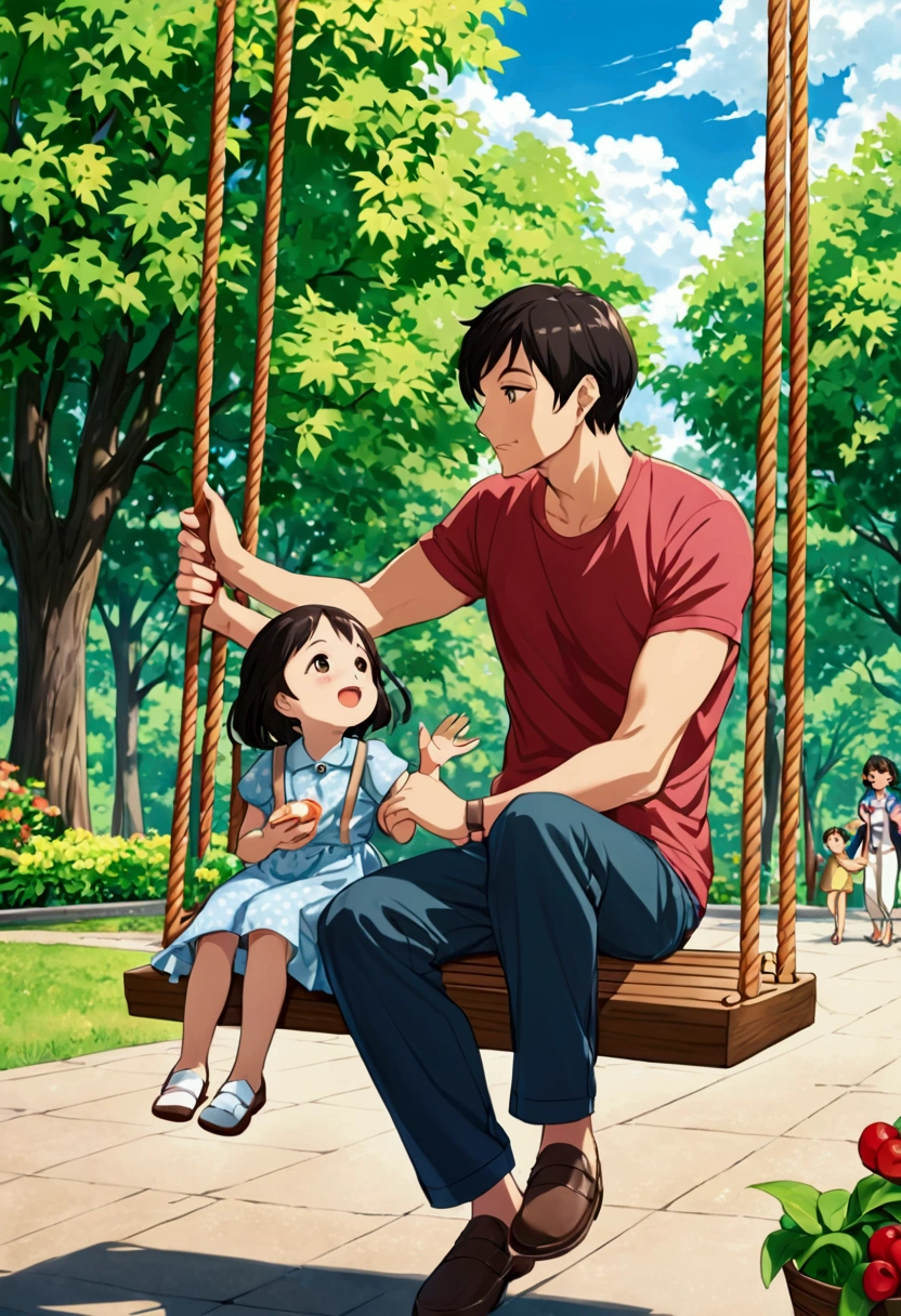 First Shot: Family in the park. My son is playing on the swing、Motherは息子の隣に立っています。, While looking at him、Gently push the swing.
Mother (Laughter): "enjoy, But hold on tight!" Second Shot: Father and mother walking through the mall with their , Holding his hand.
Father (Look at my mother): 「Let's go to the toy store., What do you think?"Third shot: A family is having lunch at a restaurant. The son sat between his parentotherが息子の食事の手伝いをする。.
Mother (smile): 「Was the food delicious??”