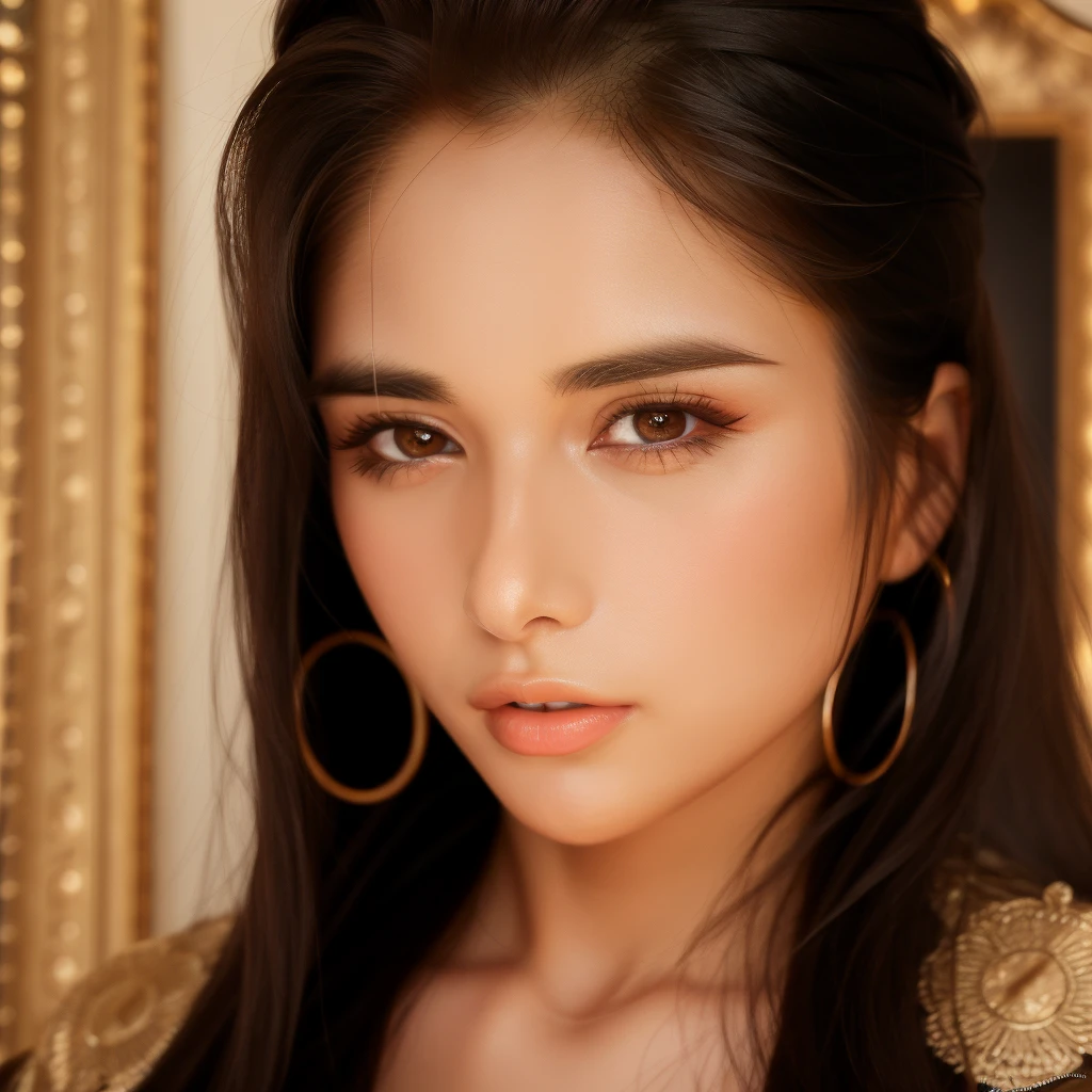 4K portrait of an attractive girl with perfect facial features, perfect thick eyebrows and eyelashes in a luxurious interior, beautiful eyes, perfect lips, gorgeous hair, European appearance, confident look, fashionable