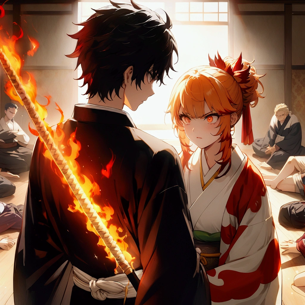 wallpaper, anime, masterpiece, the back of a man in a dojo looking at a woman who is surrounded by defeated bodies lying on the floor, The man has black hair, bright red eyes and wears a black and white kimono, he is surrounded by sun flames, The woman has an psycho angry gaze, rengoku hairstyle, yellow/red hair, and wears red and white kimono, and is surrounded with blue fire around her, dynamic pose, dynamic view, epic, blue and orange flames.